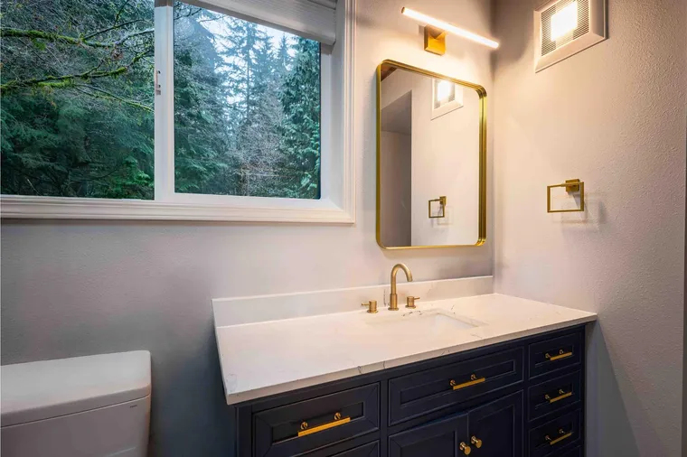 Navy vanity with a brass faucet and a window onto the trees